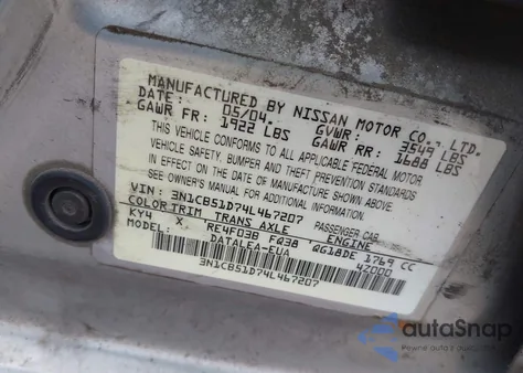 2004 Nissan Sentra 1.8S из США, поврежденный, VIN 3N1CB51D74L467207